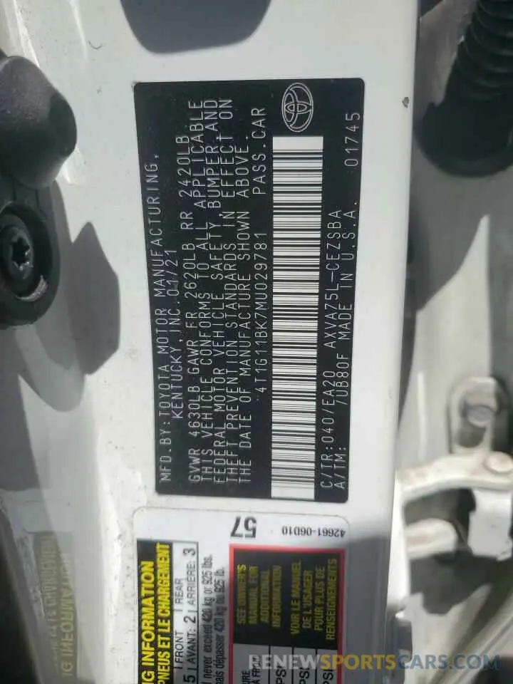 12 fotografías del automóvil dañado 4T1G11BK7MU029781 TOYOTA CAMRY 2021