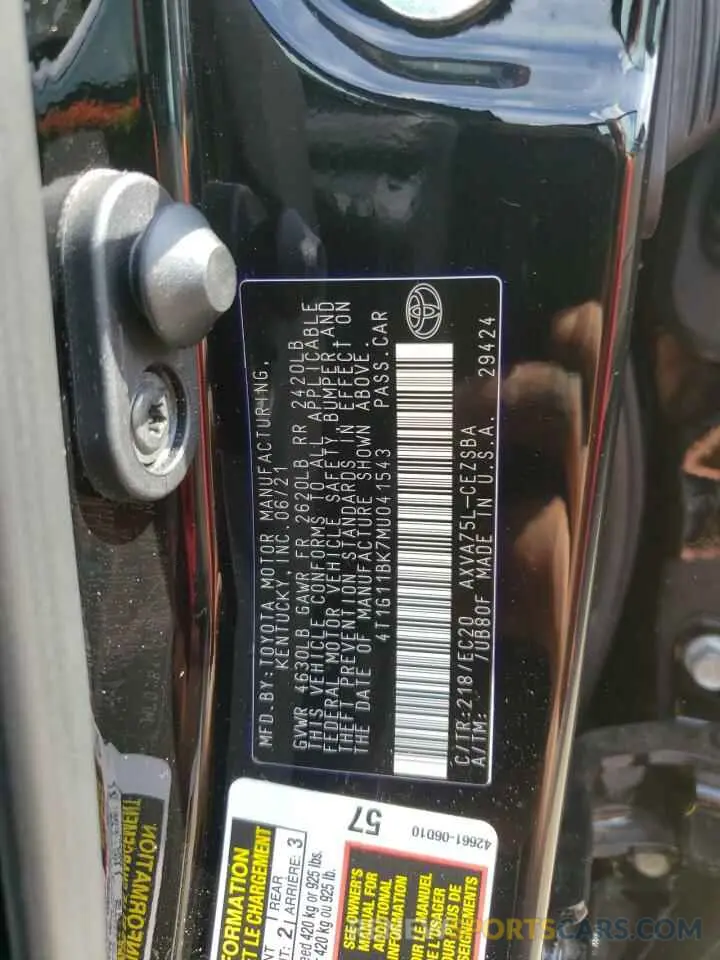 10 fotografías del automóvil dañado 4T1G11BK7MU041543 TOYOTA CAMRY 2021