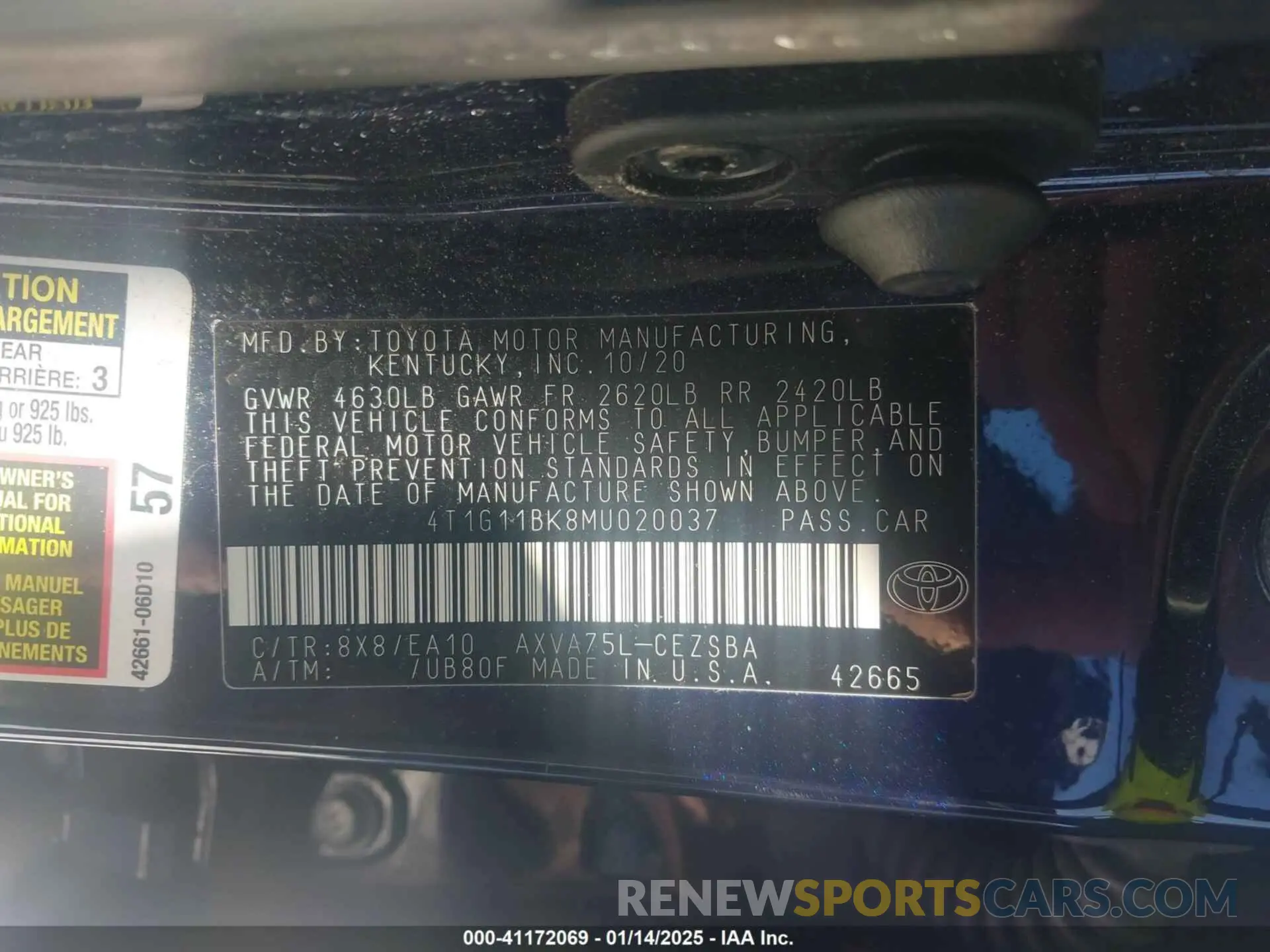 9 fotografías del automóvil dañado 4T1G11BK8MU020037 TOYOTA CAMRY 2021
