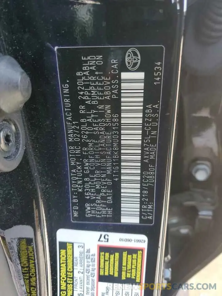 13 fotografías del automóvil dañado 4T1G11BK8MU031586 TOYOTA CAMRY 2021
