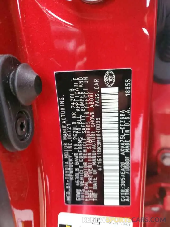12 fotografías del automóvil dañado 4T1G11BK9MU040099 TOYOTA CAMRY 2021