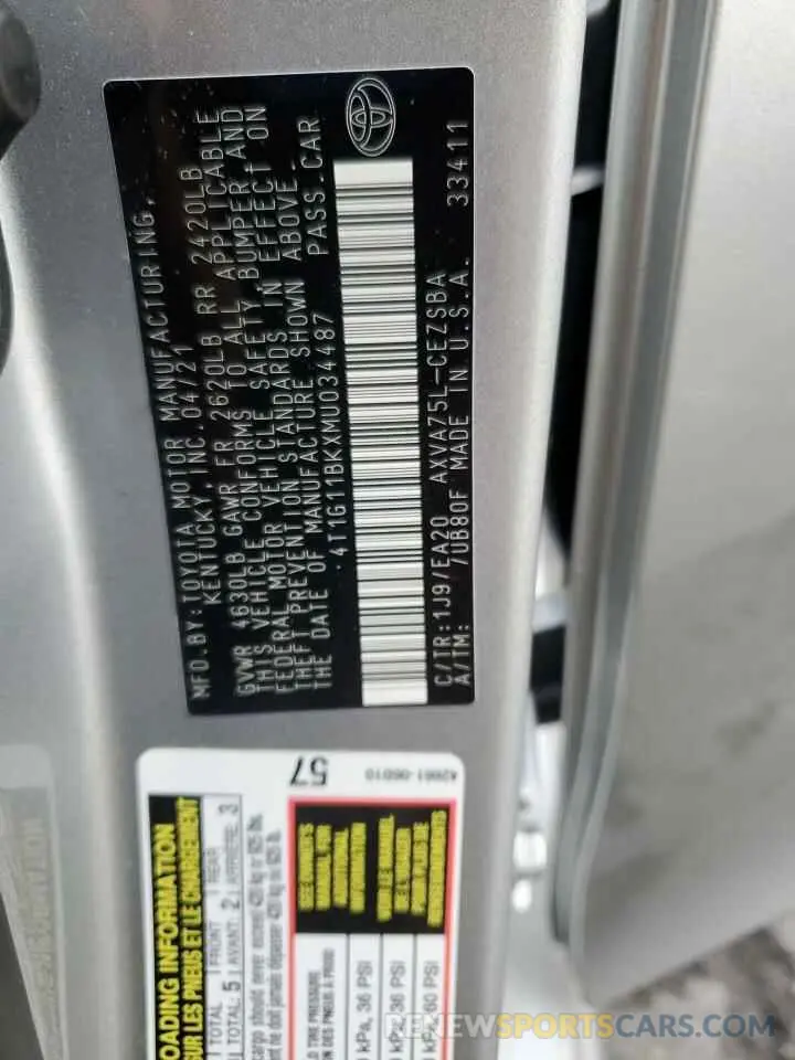 13 fotografías del automóvil dañado 4T1G11BKXMU034487 TOYOTA CAMRY 2021