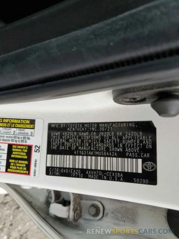 13 fotografías del automóvil dañado 4T1G31AK1MU564424 TOYOTA CAMRY 2021