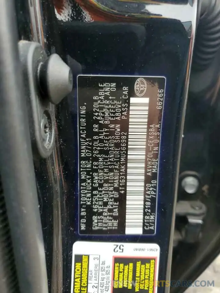 12 fotografías del automóvil dañado 4T1G31AK1MU566982 TOYOTA CAMRY 2021