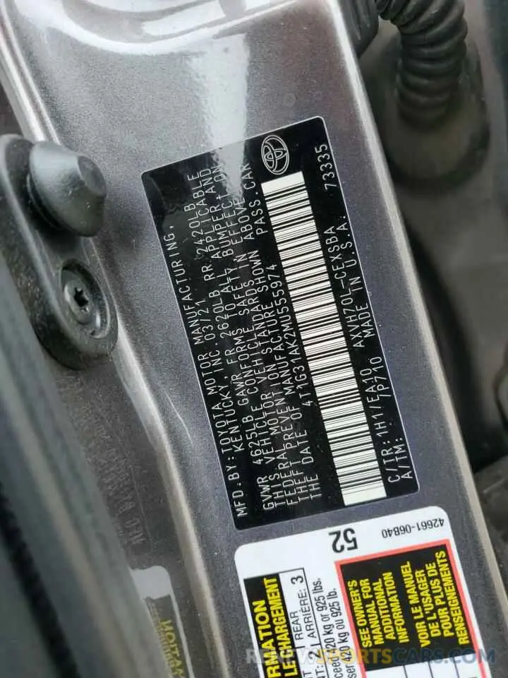 12 fotografías del automóvil dañado 4T1G31AK2MU555974 TOYOTA CAMRY 2021