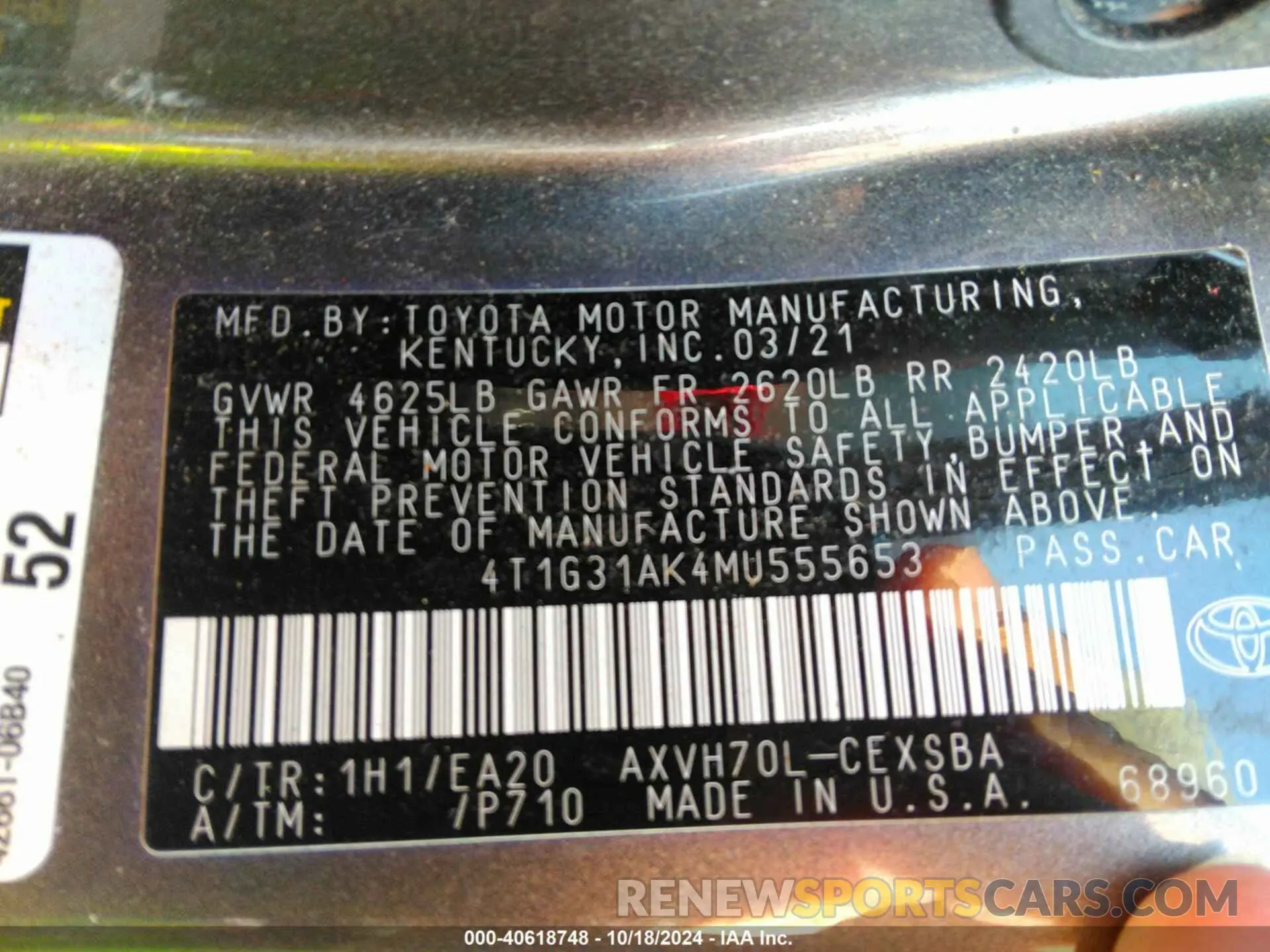 9 fotografías del automóvil dañado 4T1G31AK4MU555653 TOYOTA CAMRY 2021