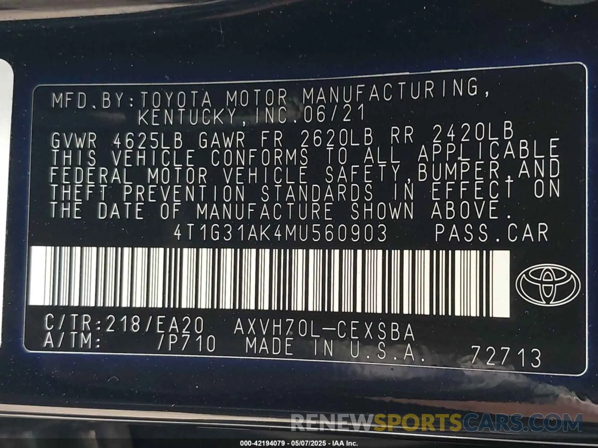 9 fotografías del automóvil dañado 4T1G31AK4MU560903 TOYOTA CAMRY 2021