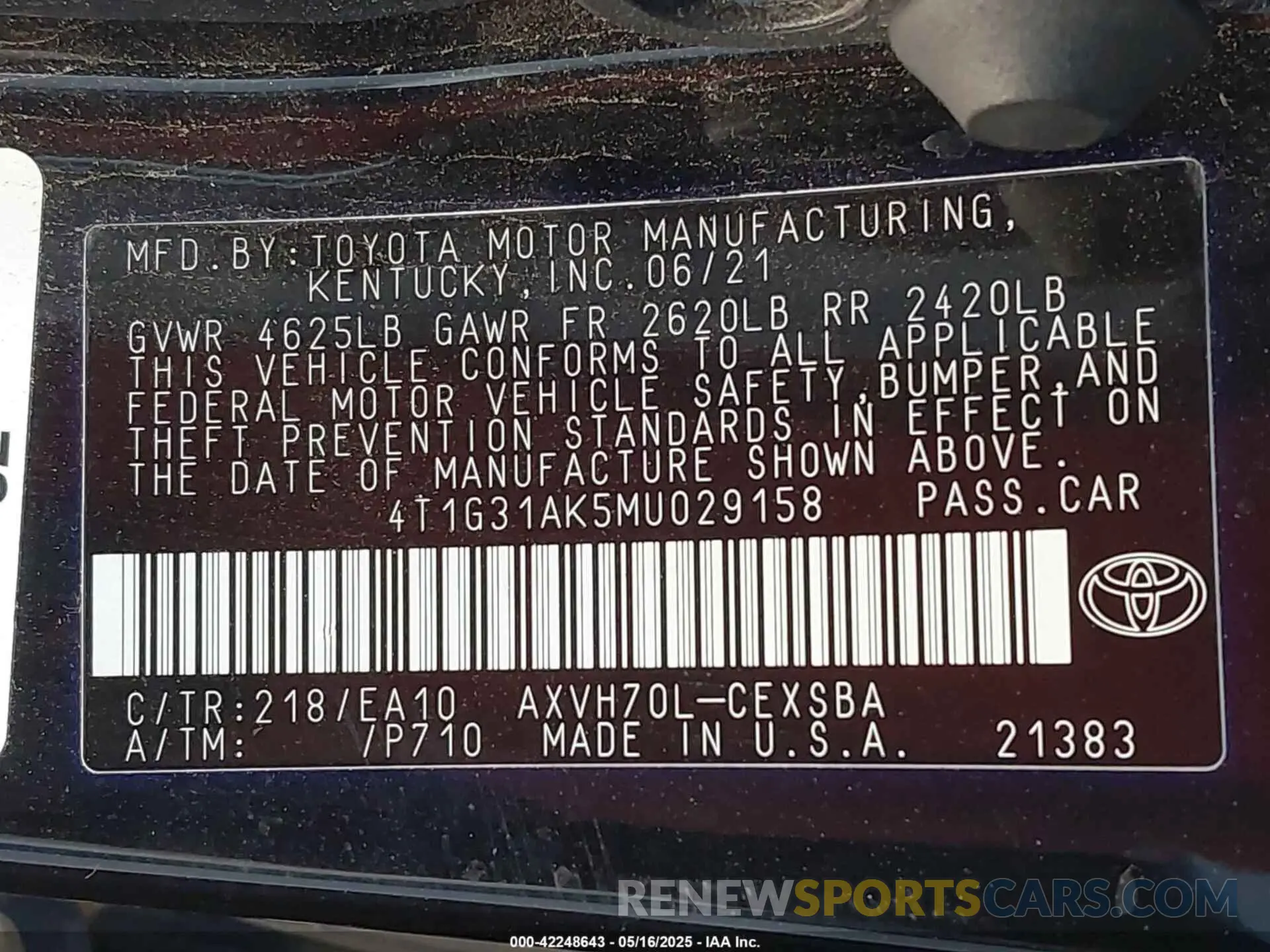 9 fotografías del automóvil dañado 4T1G31AK5MU029158 TOYOTA CAMRY 2021