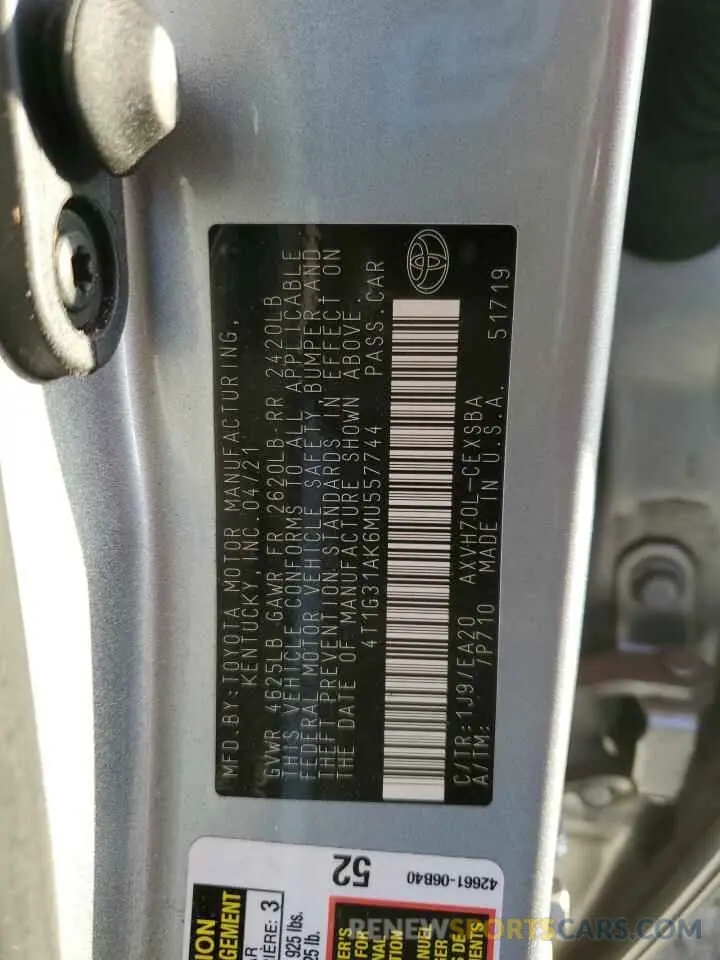 12 fotografías del automóvil dañado 4T1G31AK6MU557744 TOYOTA CAMRY 2021