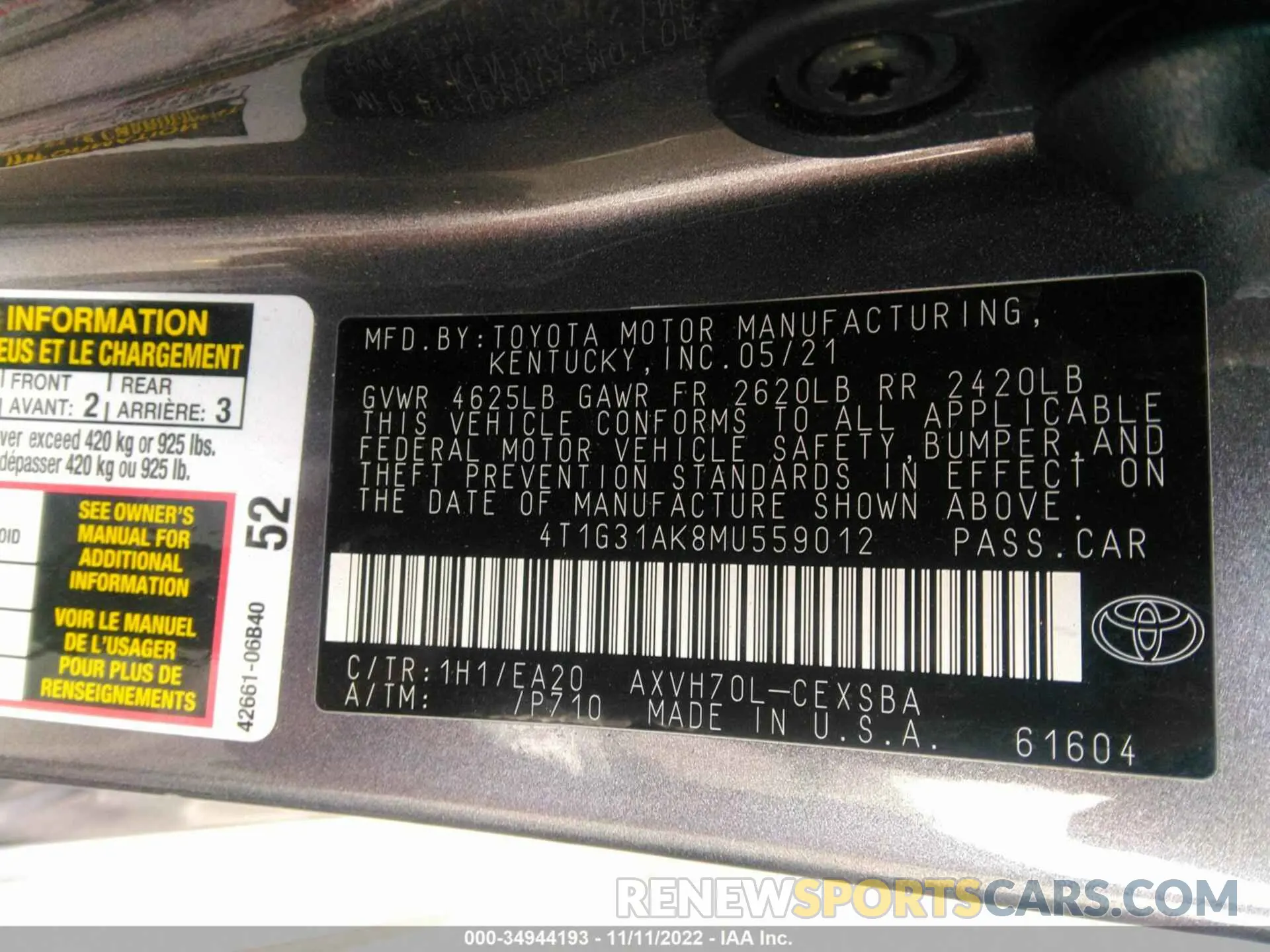 9 fotografías del automóvil dañado 4T1G31AK8MU559012 TOYOTA CAMRY 2021