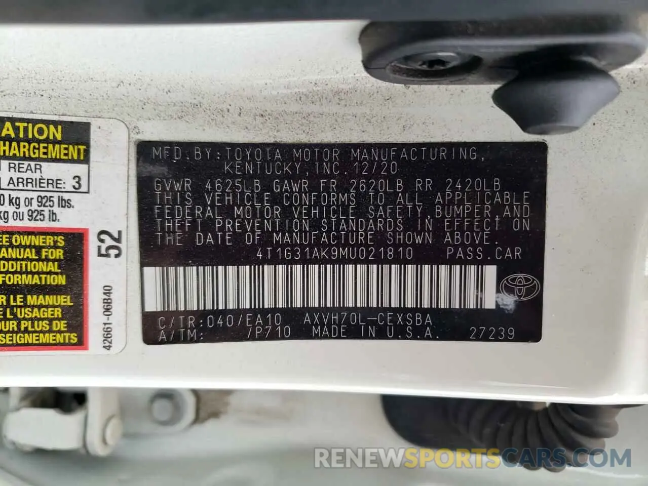 12 fotografías del automóvil dañado 4T1G31AK9MU021810 TOYOTA CAMRY 2021