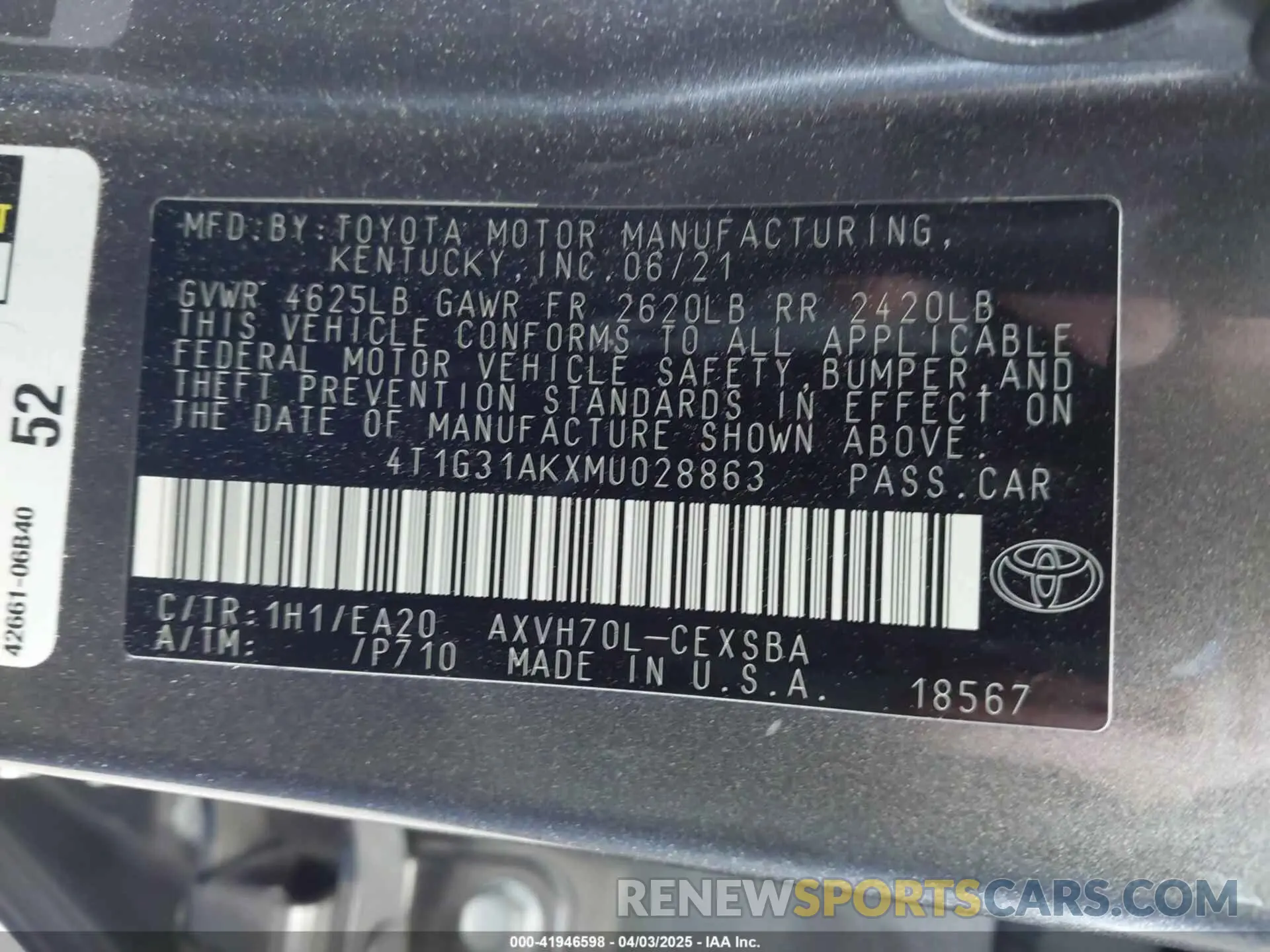 9 fotografías del automóvil dañado 4T1G31AKXMU028863 TOYOTA CAMRY 2021