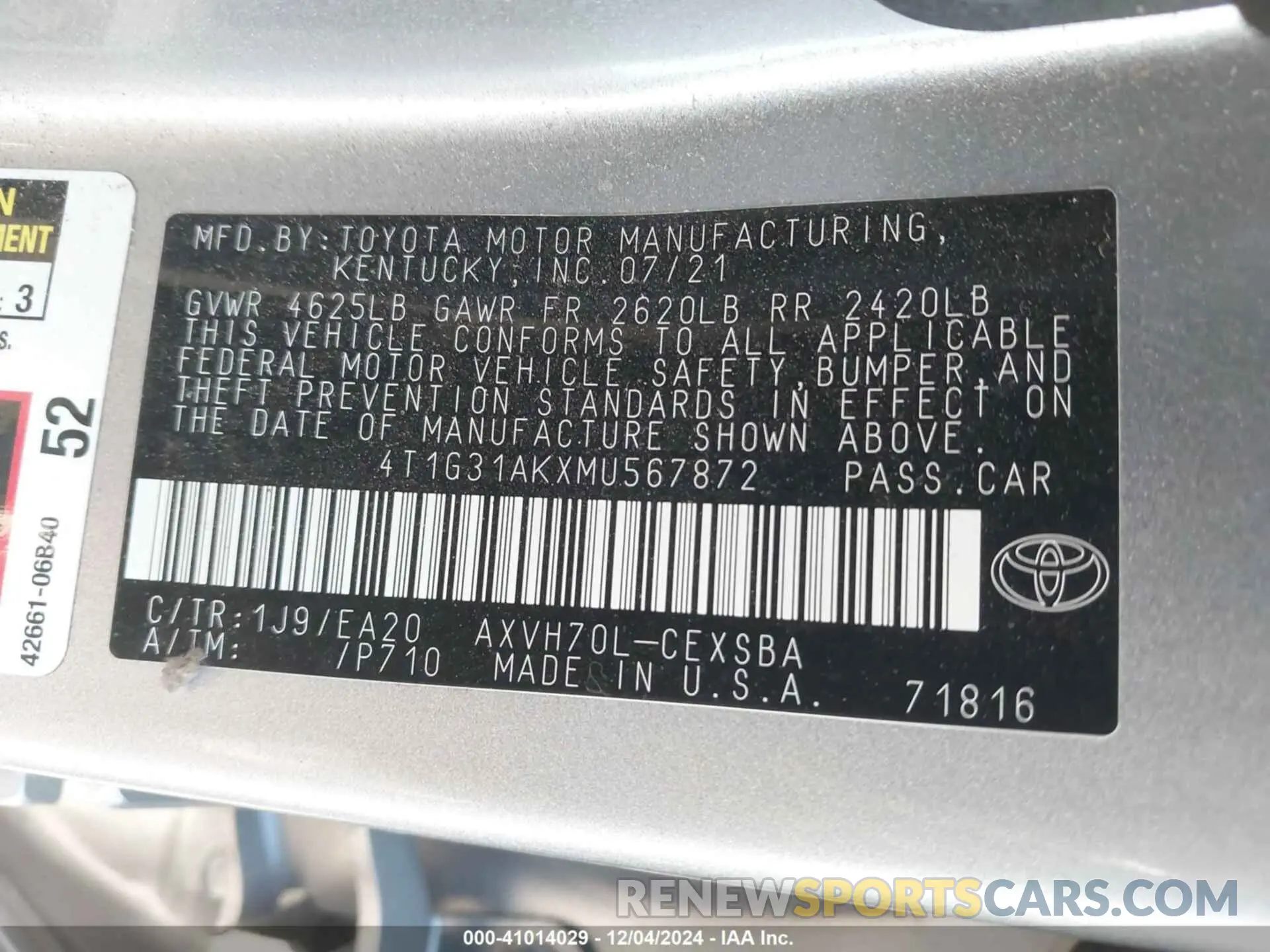 9 fotografías del automóvil dañado 4T1G31AKXMU567872 TOYOTA CAMRY 2021