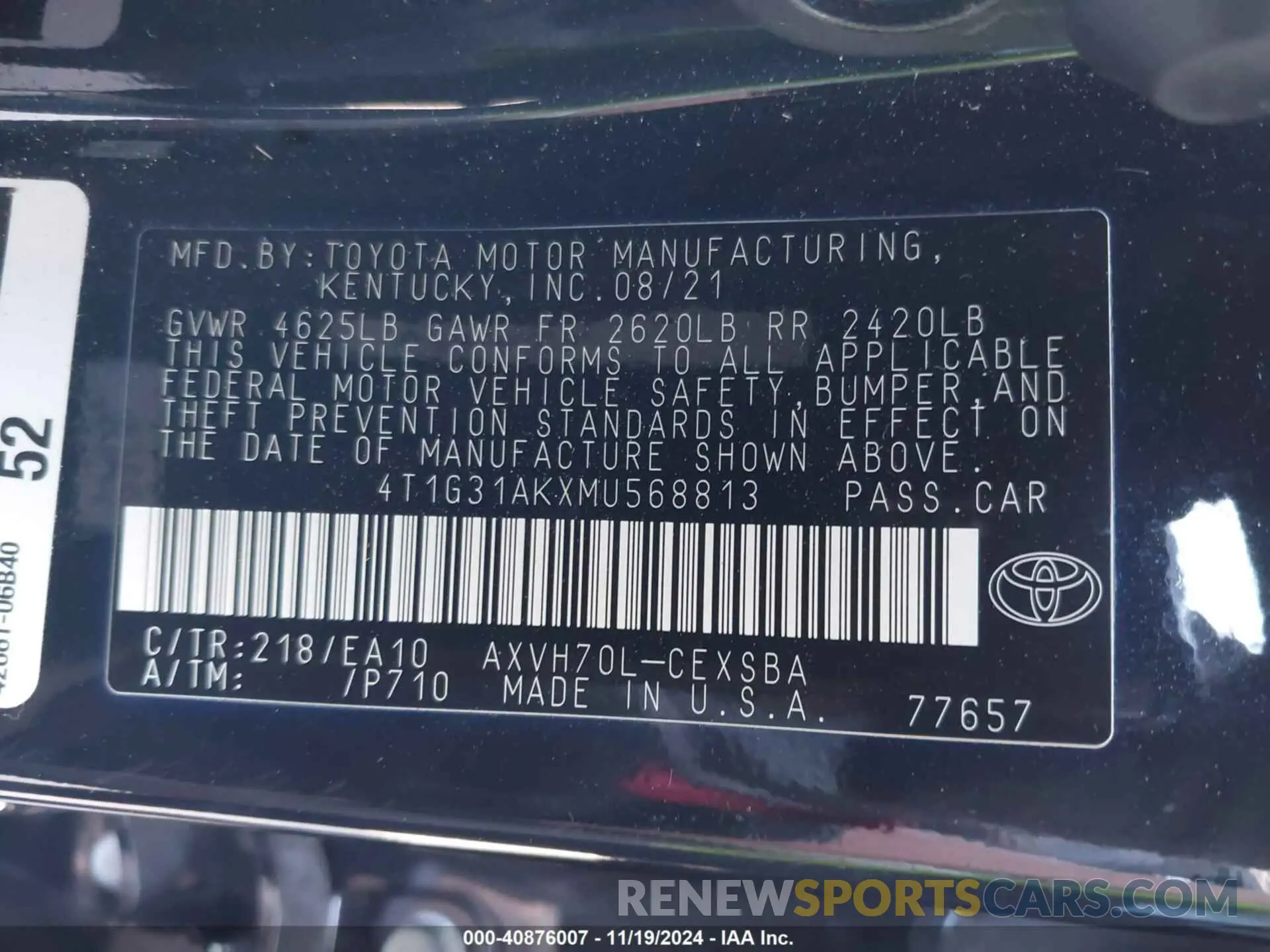 9 fotografías del automóvil dañado 4T1G31AKXMU568813 TOYOTA CAMRY 2021