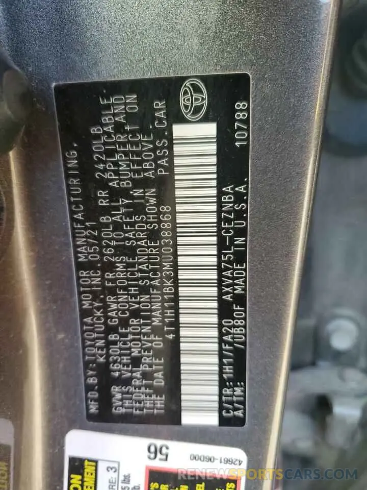 12 fotografías del automóvil dañado 4T1H11BK3MU038868 TOYOTA CAMRY 2021