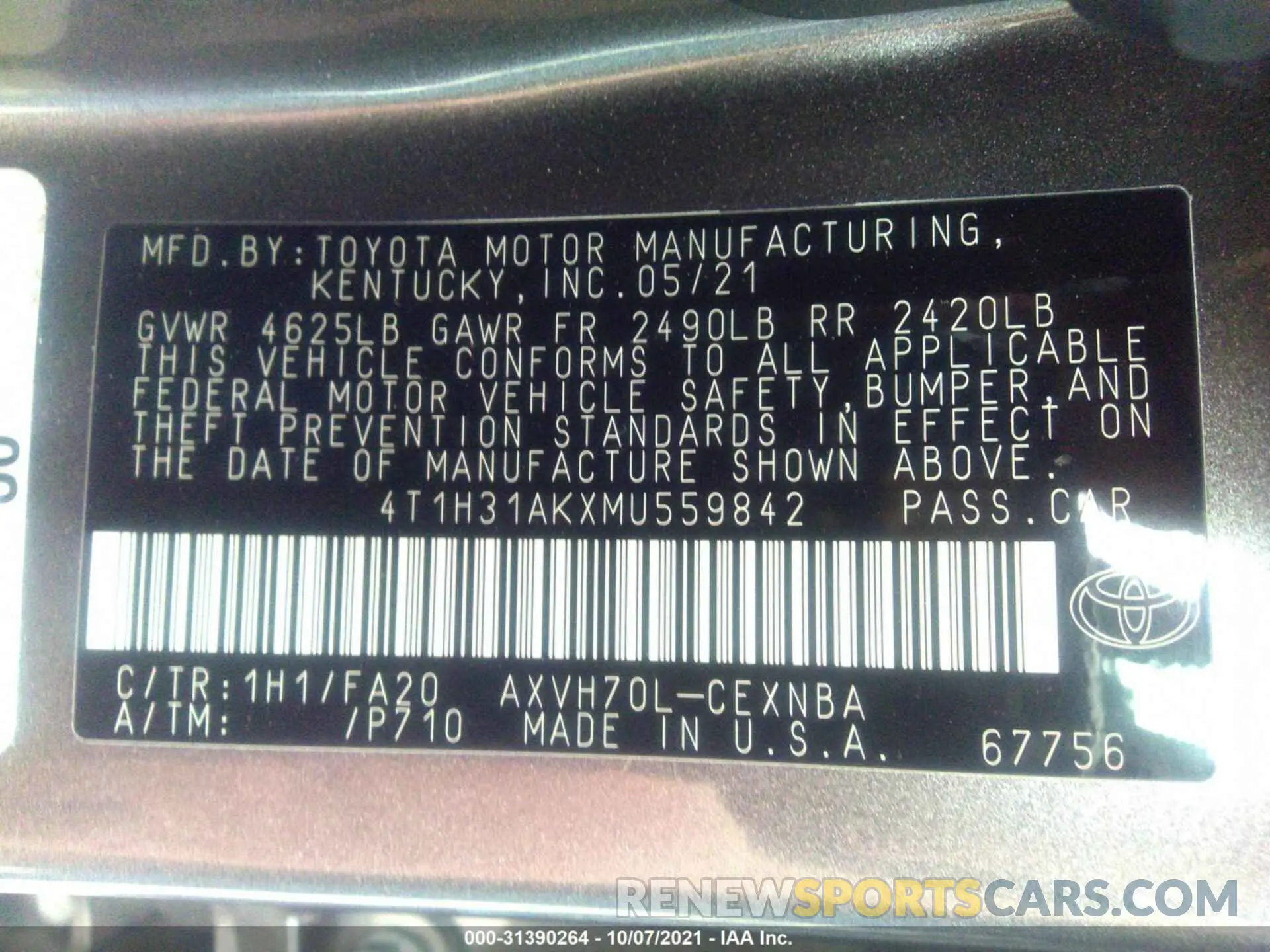 9 fotografías del automóvil dañado 4T1H31AKXMU559842 TOYOTA CAMRY 2021