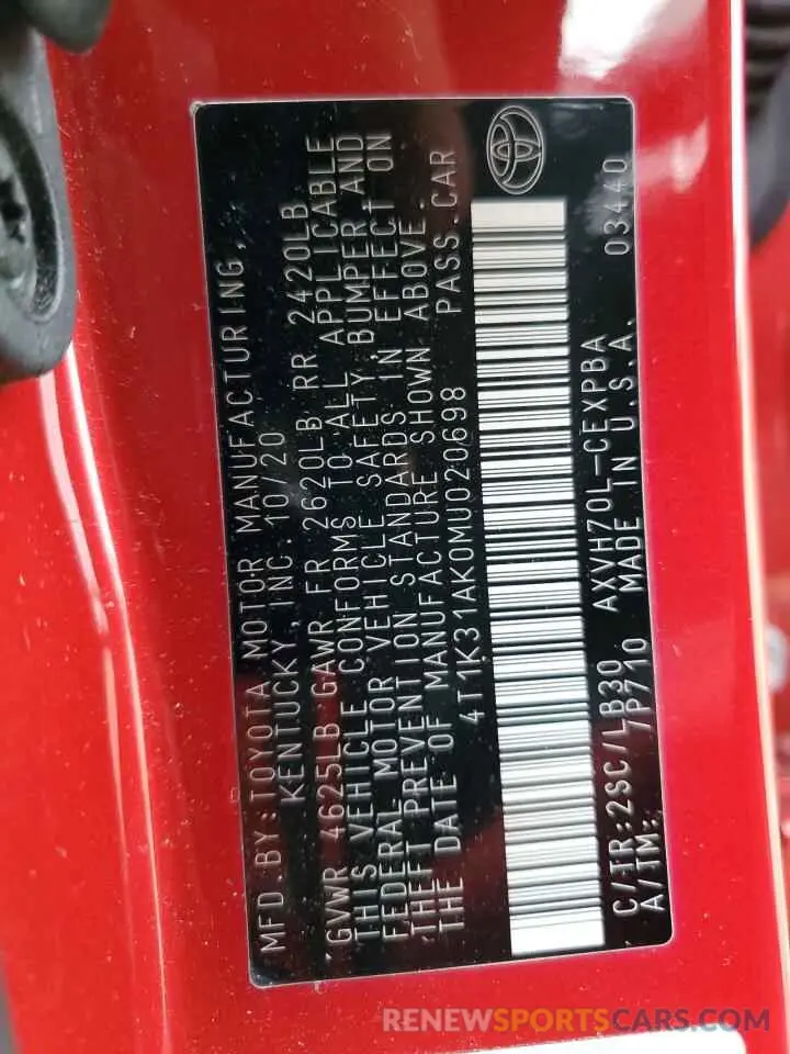 12 fotografías del automóvil dañado 4T1K31AK0MU020698 TOYOTA CAMRY 2021