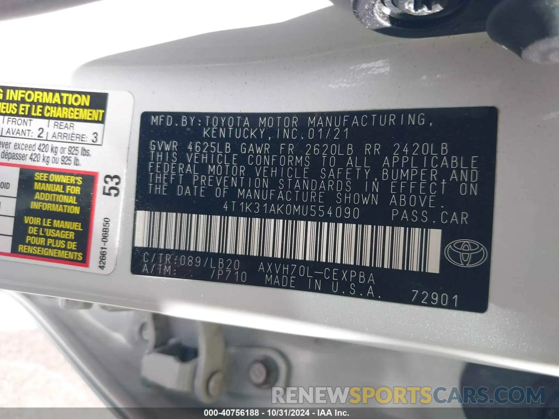 9 fotografías del automóvil dañado 4T1K31AK0MU554090 TOYOTA CAMRY 2021