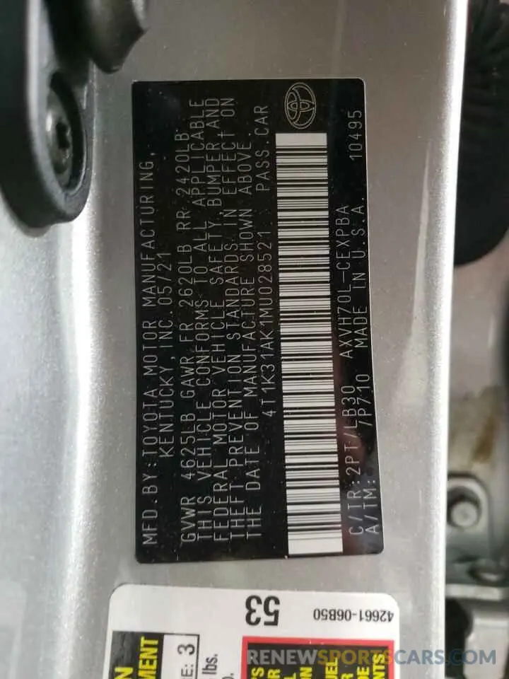 13 fotografías del automóvil dañado 4T1K31AK1MU028521 TOYOTA CAMRY 2021