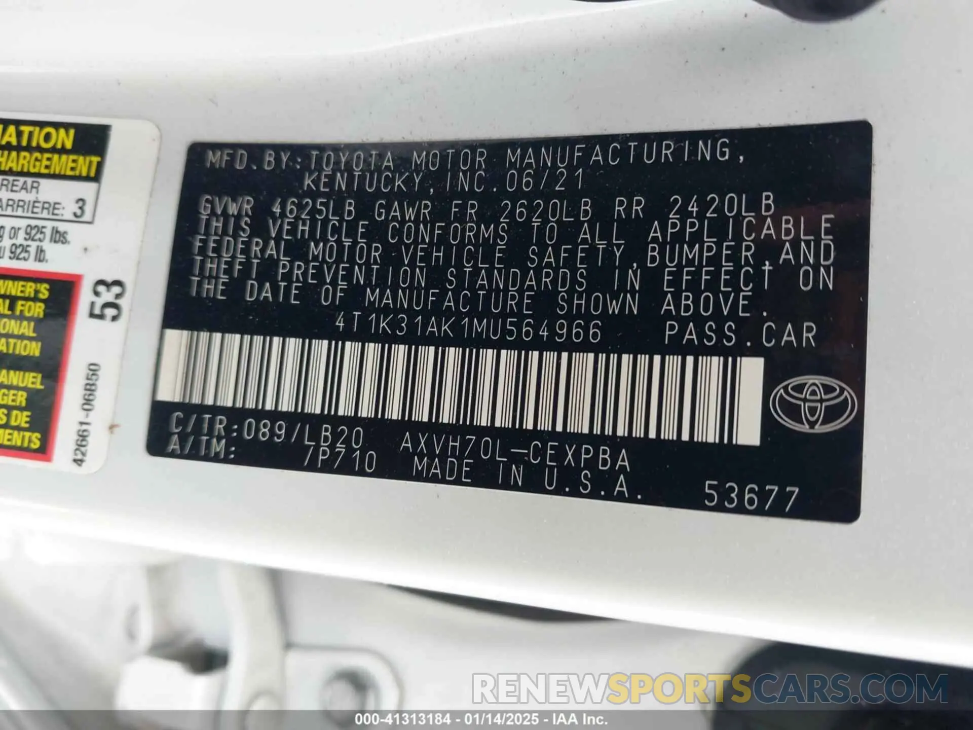 9 fotografías del automóvil dañado 4T1K31AK1MU564966 TOYOTA CAMRY 2021