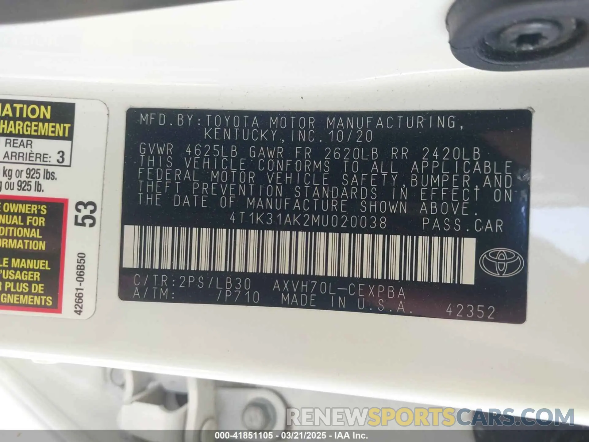 9 fotografías del automóvil dañado 4T1K31AK2MU020038 TOYOTA CAMRY 2021