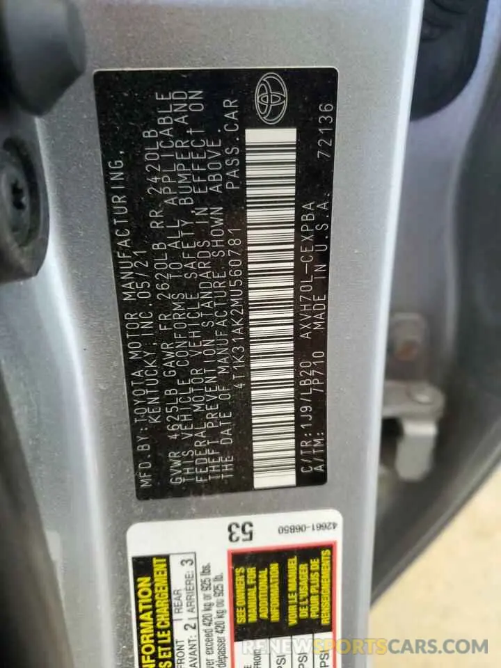 12 fotografías del automóvil dañado 4T1K31AK2MU560781 TOYOTA CAMRY 2021