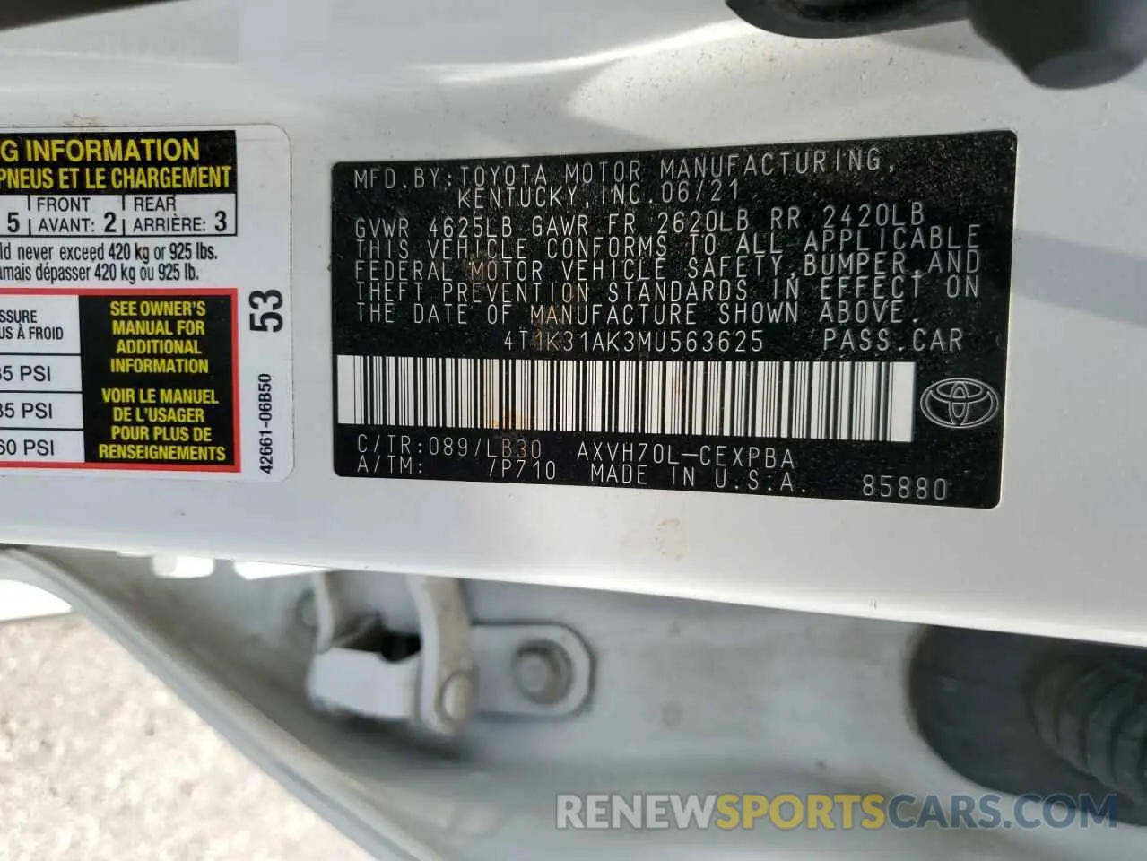 12 fotografías del automóvil dañado 4T1K31AK3MU563625 TOYOTA CAMRY 2021