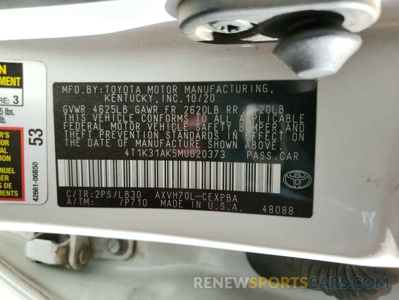 10 fotografías del automóvil dañado 4T1K31AK5MU020373 TOYOTA CAMRY 2021