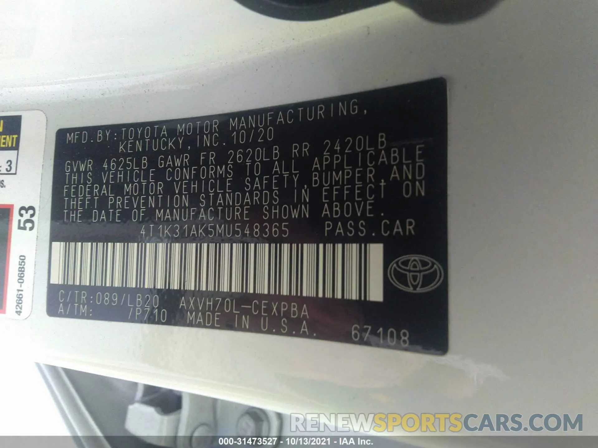 9 fotografías del automóvil dañado 4T1K31AK5MU548365 TOYOTA CAMRY 2021