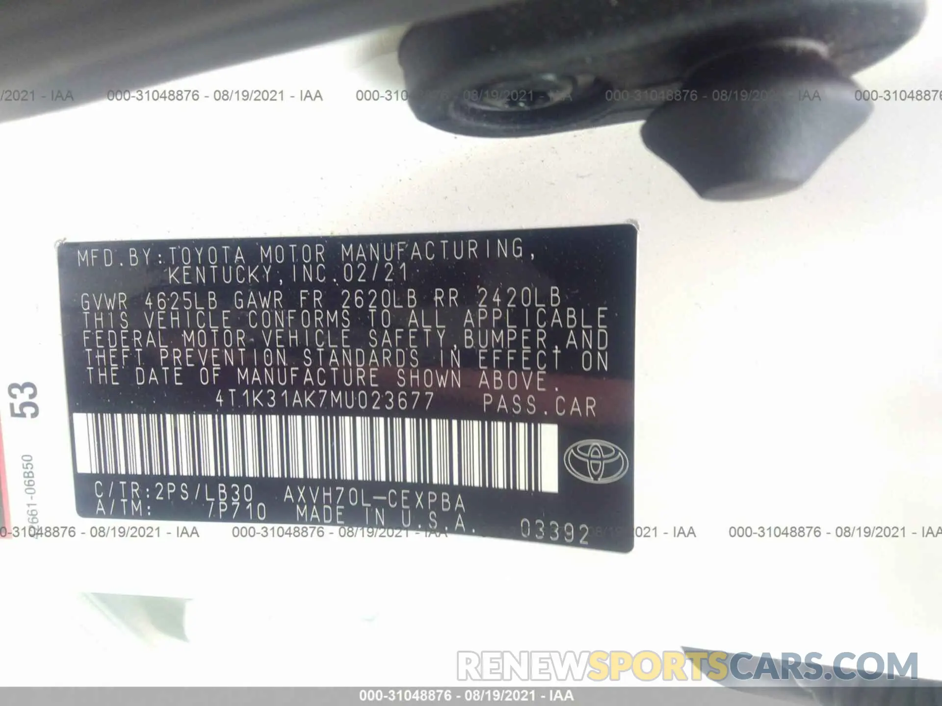 9 fotografías del automóvil dañado 4T1K31AK7MU023677 TOYOTA CAMRY 2021