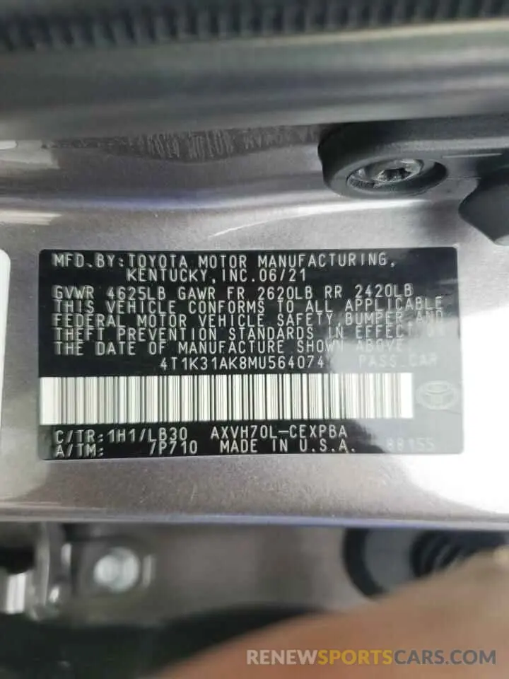 13 fotografías del automóvil dañado 4T1K31AK8MU564074 TOYOTA CAMRY 2021