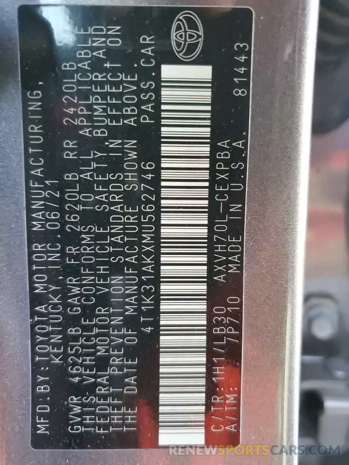 13 fotografías del automóvil dañado 4T1K31AKXMU562746 TOYOTA CAMRY 2021