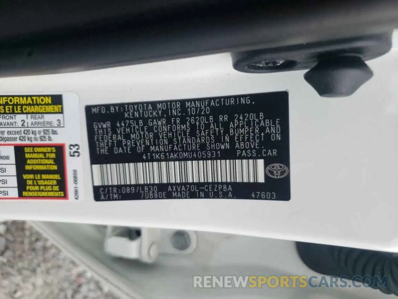 10 fotografías del automóvil dañado 4T1K61AK0MU405931 TOYOTA CAMRY 2021