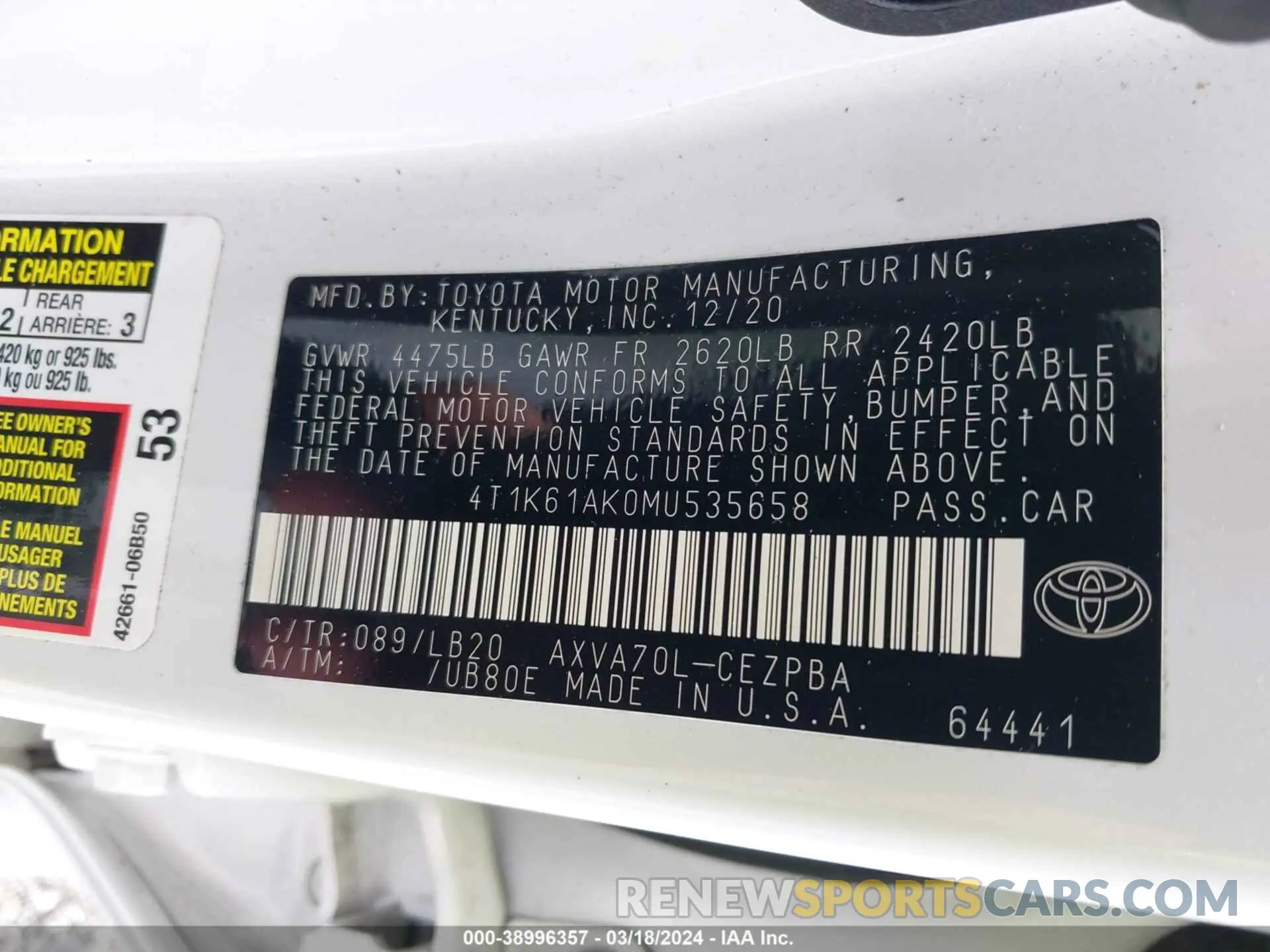 9 fotografías del automóvil dañado 4T1K61AK0MU535658 TOYOTA CAMRY 2021