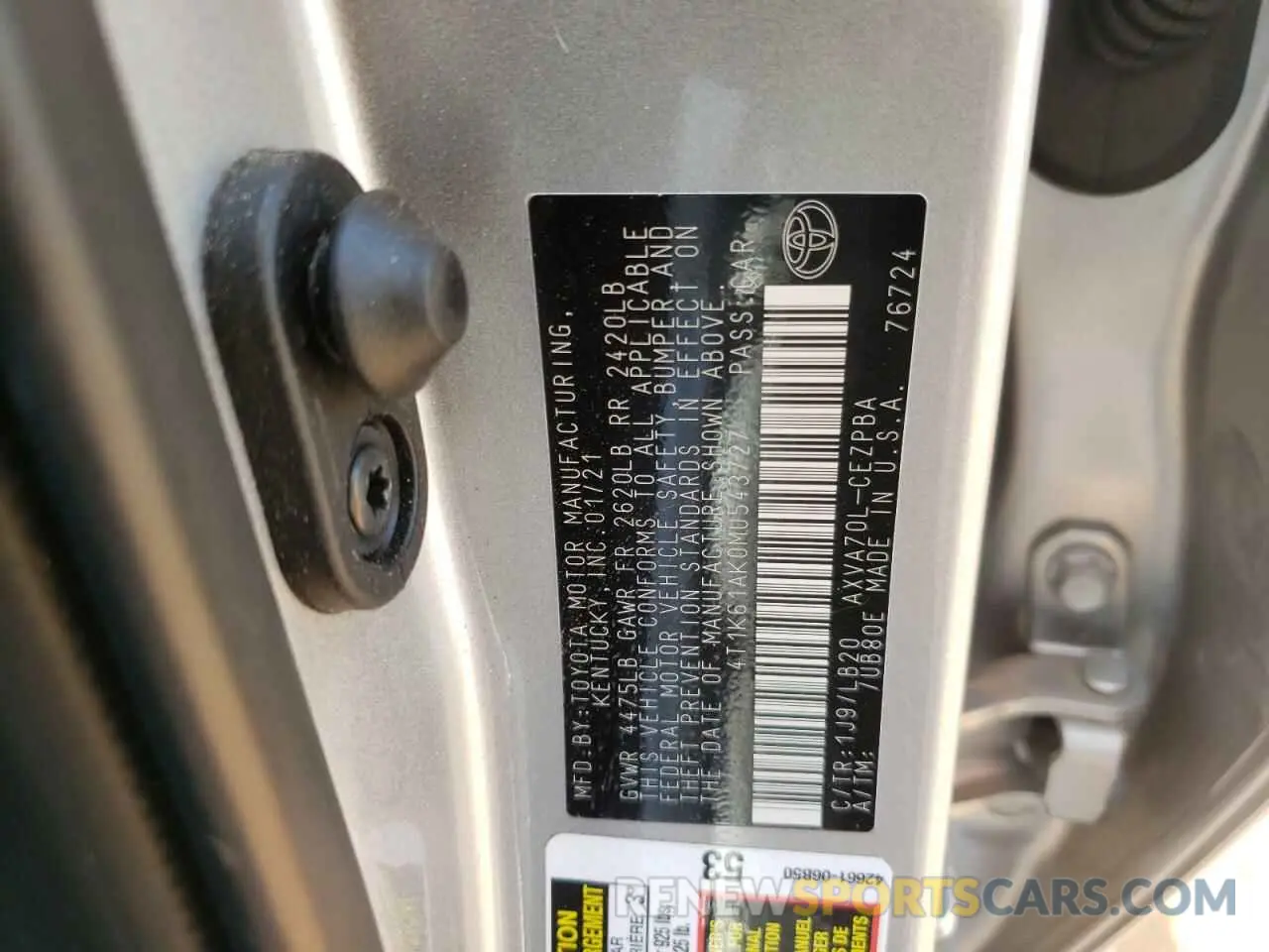 10 fotografías del automóvil dañado 4T1K61AK0MU543727 TOYOTA CAMRY 2021