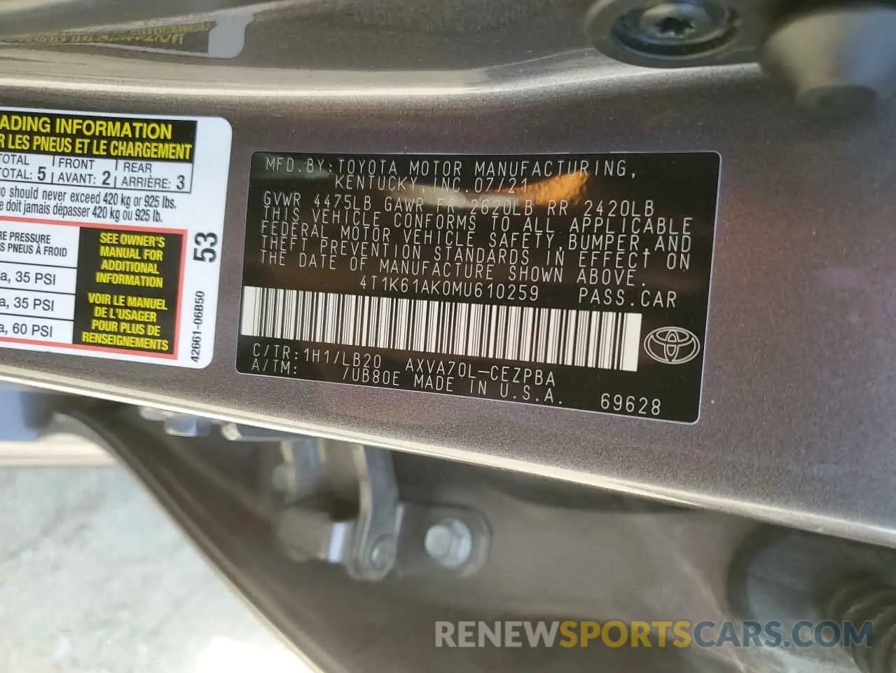 12 fotografías del automóvil dañado 4T1K61AK0MU610259 TOYOTA CAMRY 2021