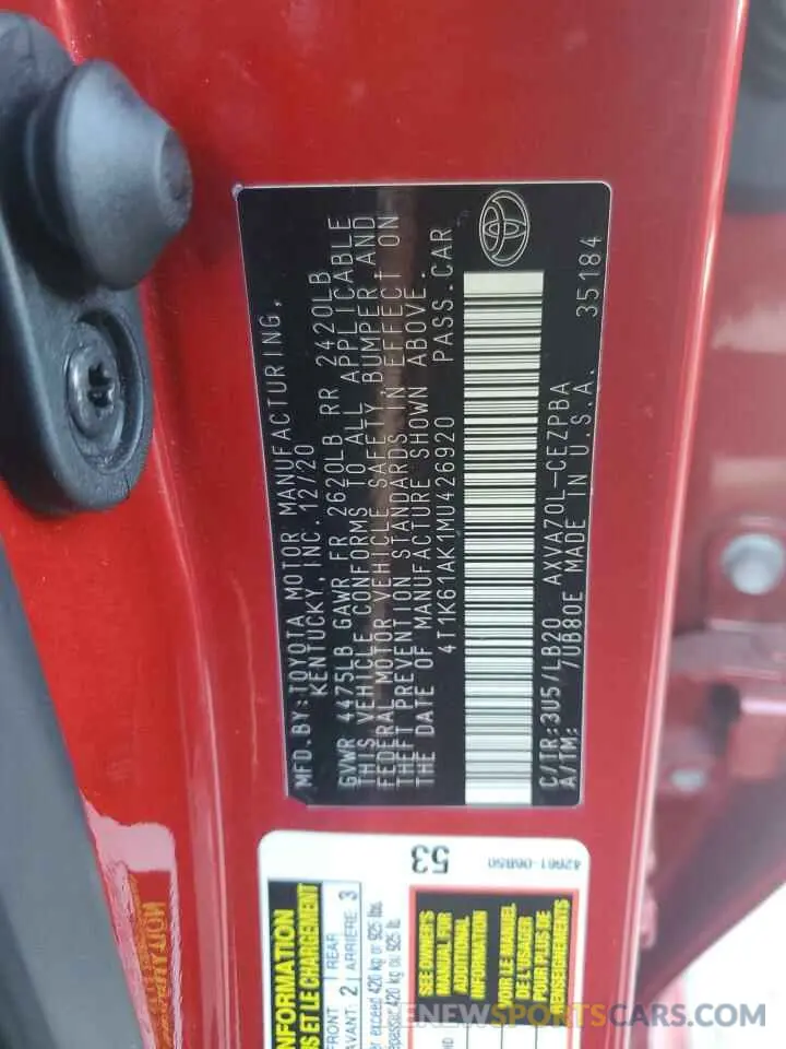 13 fotografías del automóvil dañado 4T1K61AK1MU426920 TOYOTA CAMRY 2021