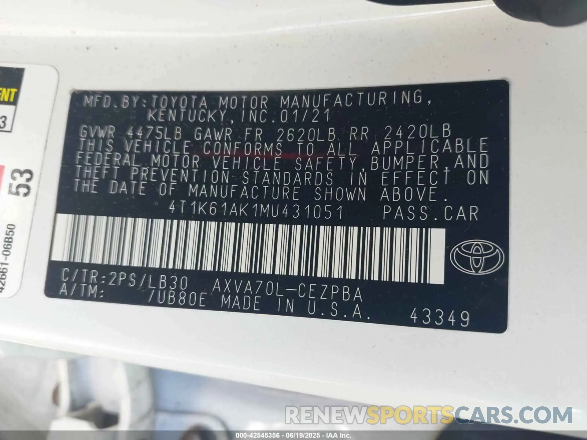 9 fotografías del automóvil dañado 4T1K61AK1MU431051 TOYOTA CAMRY 2021