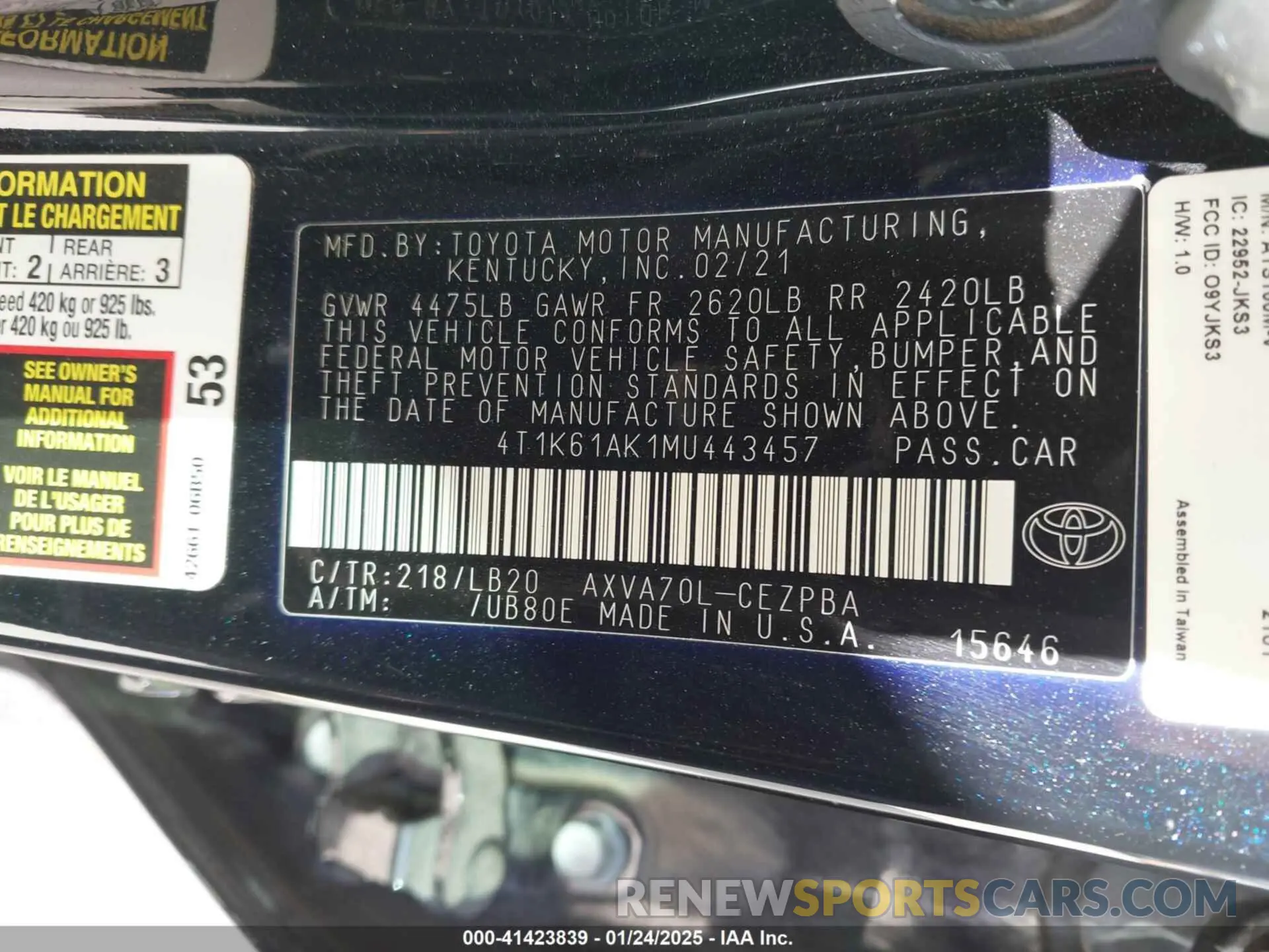 9 fotografías del automóvil dañado 4T1K61AK1MU443457 TOYOTA CAMRY 2021