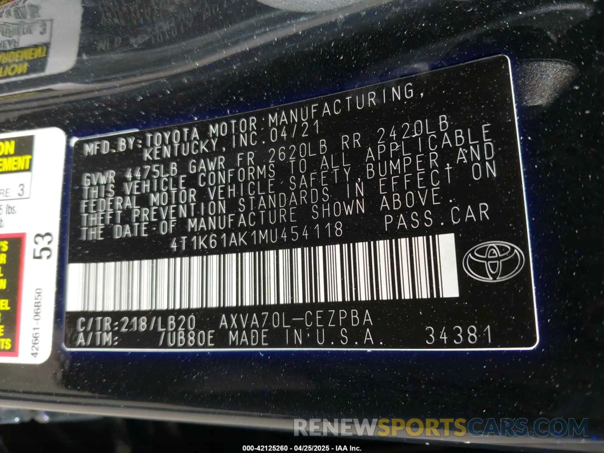 9 fotografías del automóvil dañado 4T1K61AK1MU454118 TOYOTA CAMRY 2021