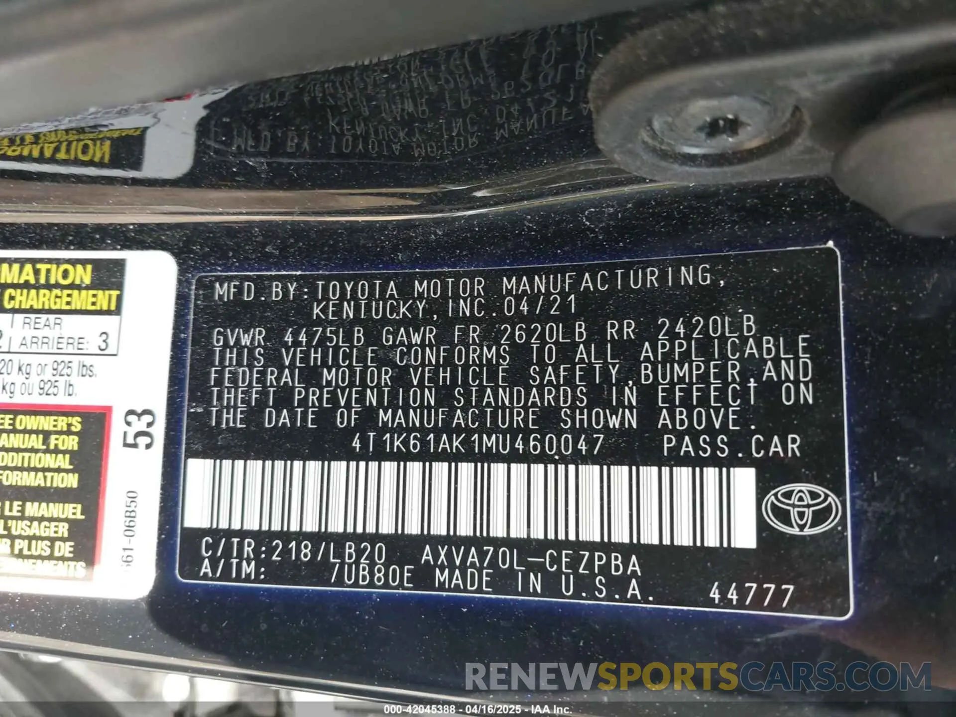 9 fotografías del automóvil dañado 4T1K61AK1MU460047 TOYOTA CAMRY 2021