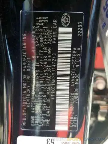 12 fotografías del automóvil dañado 4T1K61AK2MU447243 TOYOTA CAMRY 2021