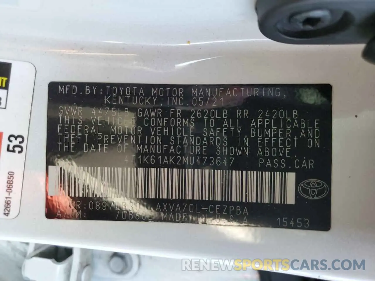 12 fotografías del automóvil dañado 4T1K61AK2MU473647 TOYOTA CAMRY 2021