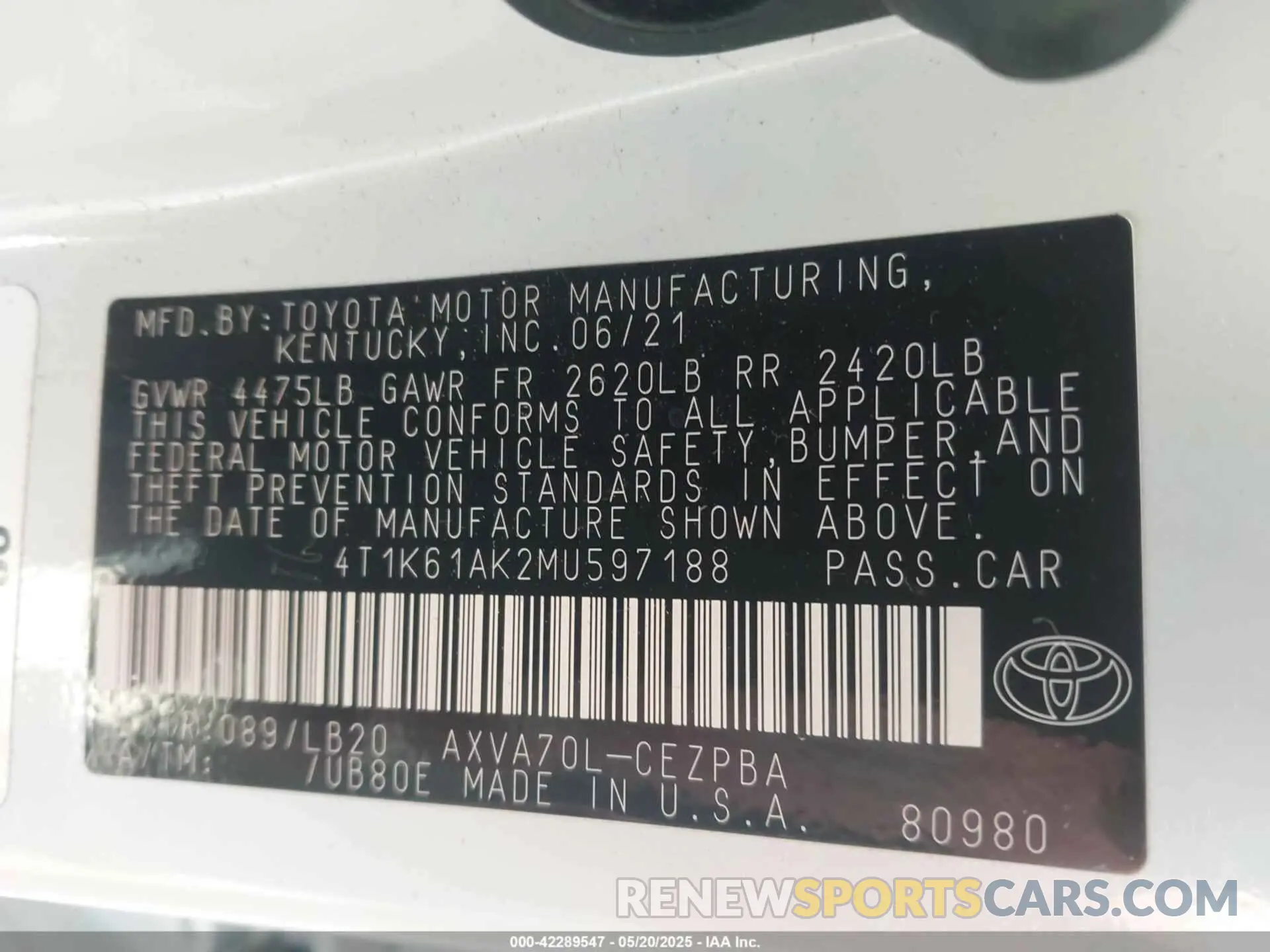 9 fotografías del automóvil dañado 4T1K61AK2MU597188 TOYOTA CAMRY 2021