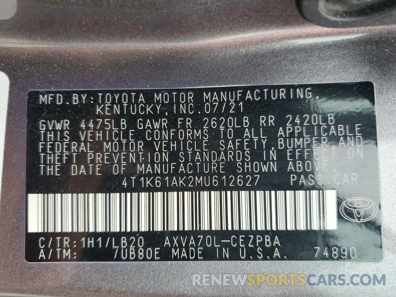 12 fotografías del automóvil dañado 4T1K61AK2MU612627 TOYOTA CAMRY 2021