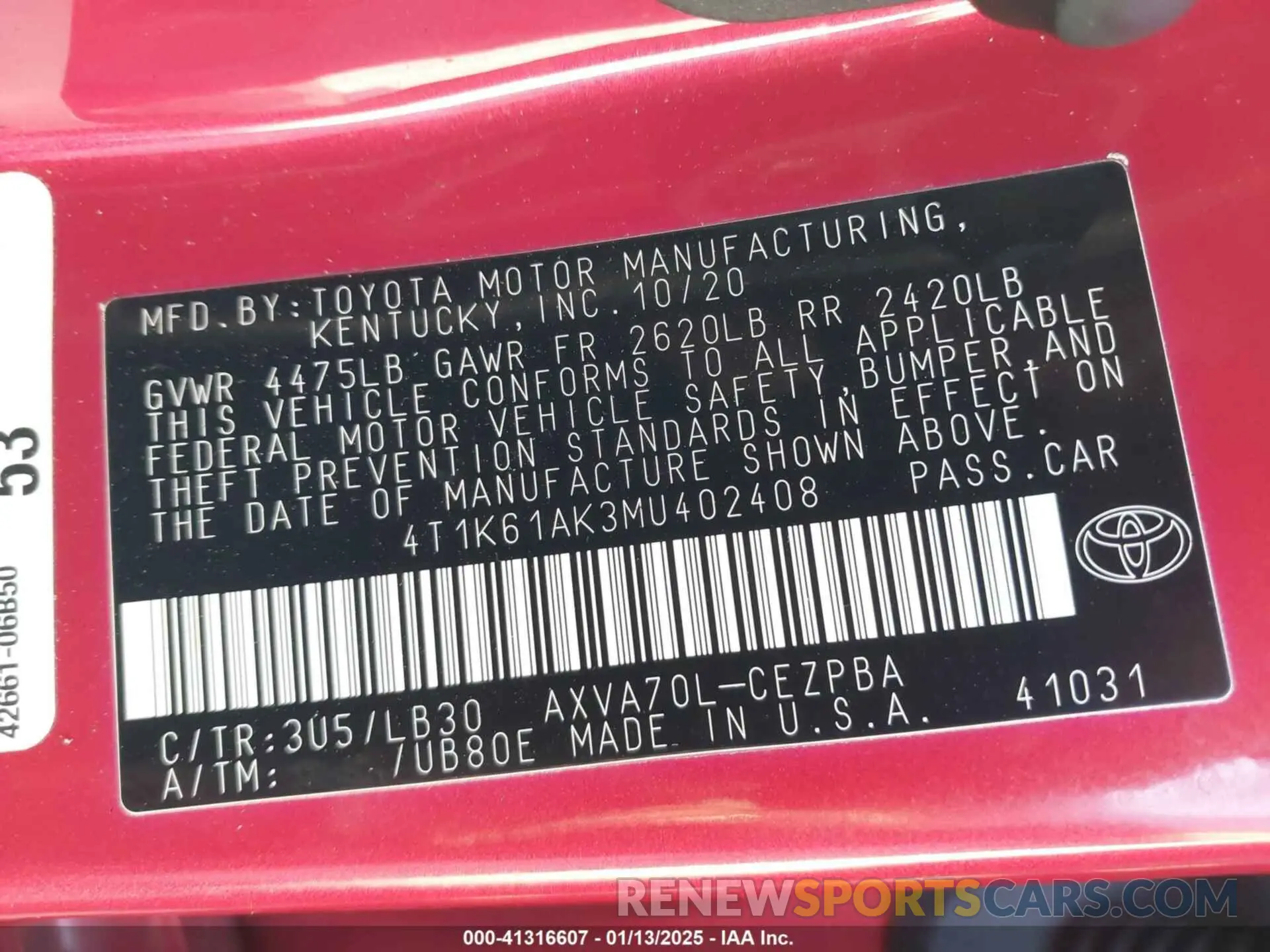 9 fotografías del automóvil dañado 4T1K61AK3MU402408 TOYOTA CAMRY 2021