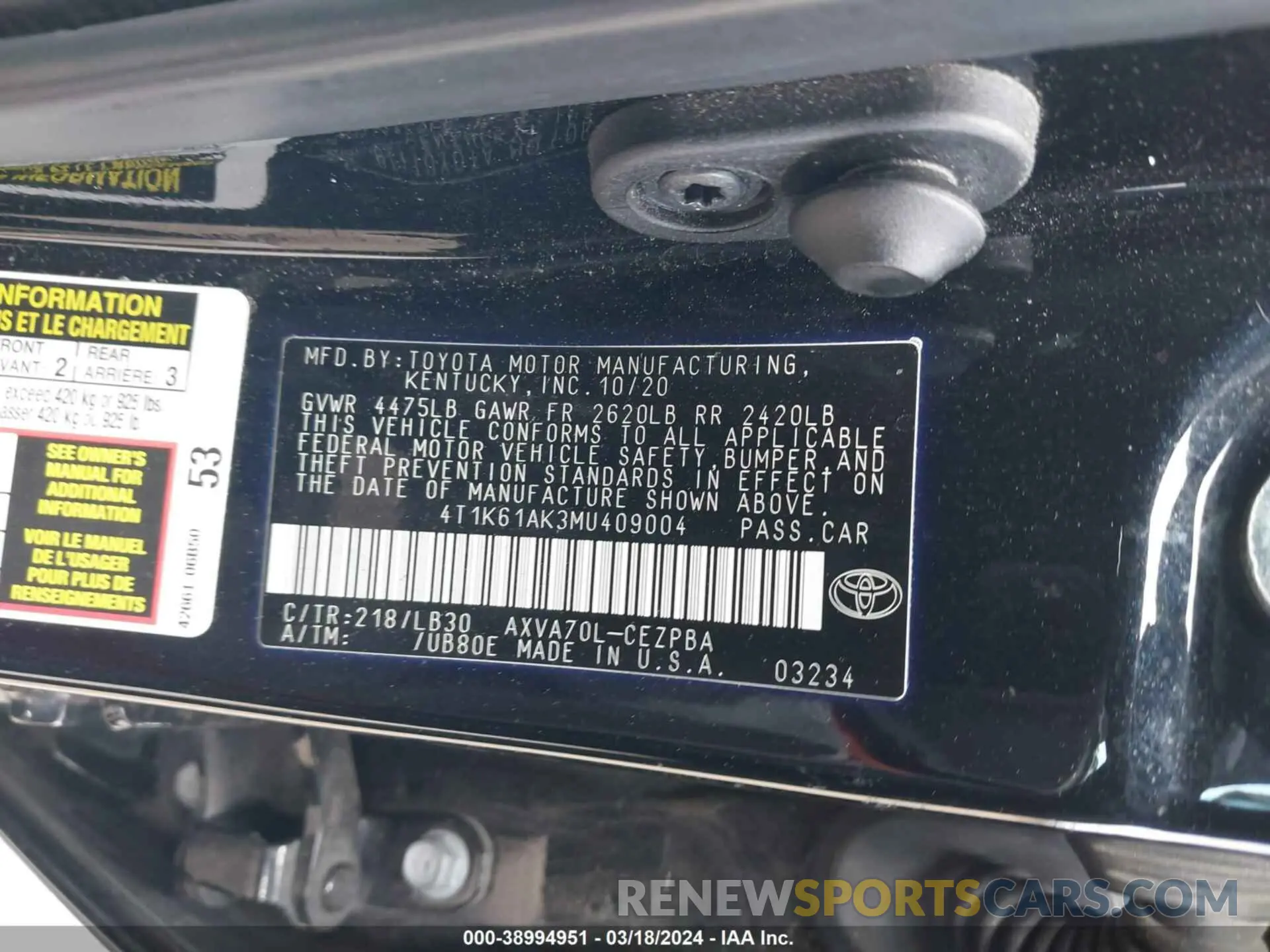9 fotografías del automóvil dañado 4T1K61AK3MU409004 TOYOTA CAMRY 2021