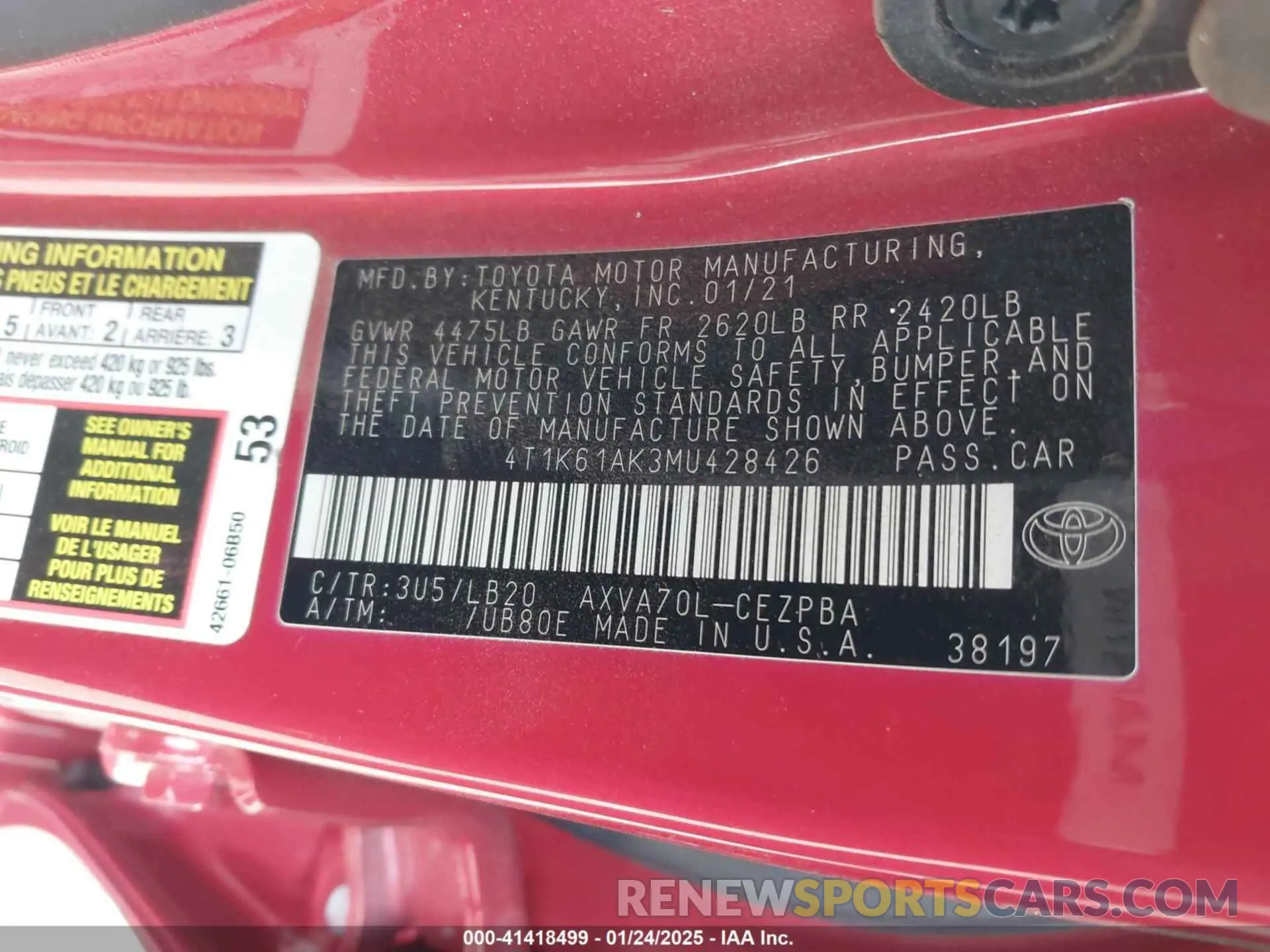9 fotografías del automóvil dañado 4T1K61AK3MU428426 TOYOTA CAMRY 2021