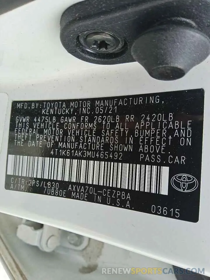 12 fotografías del automóvil dañado 4T1K61AK3MU465492 TOYOTA CAMRY 2021