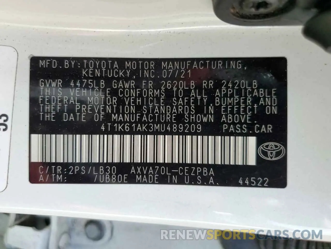 12 fotografías del automóvil dañado 4T1K61AK3MU489209 TOYOTA CAMRY 2021